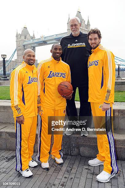 Derek Fisher, Kobe Bryant, Head Coach Phl Jackson and Pau Gasol of the Los Angeles Lakers pose for a Picture in front of the London Bridge on October...