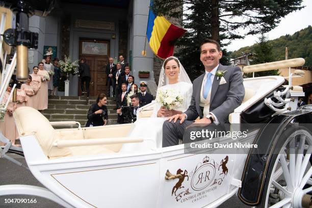 Prince Nicholas of Romania and Princess Alina of Romania leave after their wedding at Sfantul IIie church on September 30, 2018 in Sinaia, Romania.