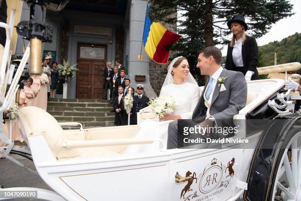 Prince Nicholas of Romania and Princess Alina of Romania leave after their wedding at Sfantul IIie church on September 30, 2018 in Sinaia, Romania.