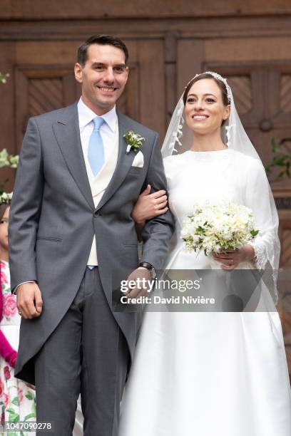 Prince Nicholas of Romania and Princess Alina of Romania leave after their wedding at Sfantul IIie church on September 30, 2018 in Sinaia, Romania.