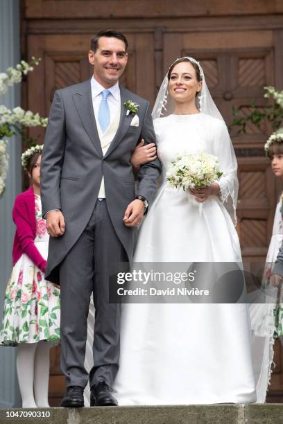 Prince Nicholas of Romania and Princess Alina of Romania leave after their wedding at Sfantul IIie church on September 30, 2018 in Sinaia, Romania.