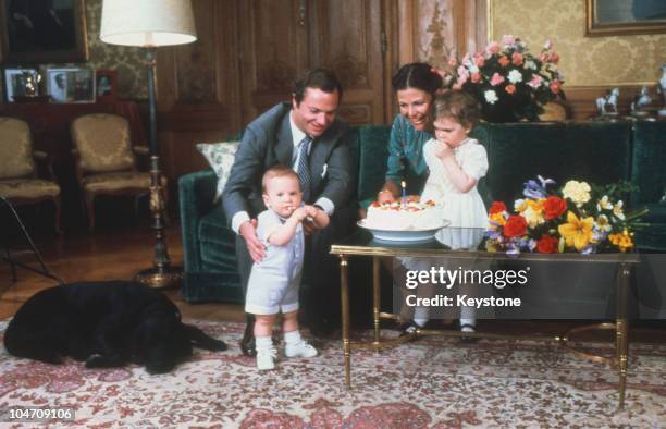 King Carl Gustaf XVI and Queen Silvia of Sweden with their children Princess Victoria and Prince Carl Philip during the King's 34th birthday on April...