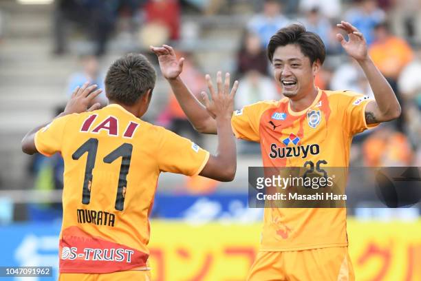 Ko Matsubara celebrates their fifth goal by Kazuya Murata during the J.League J1 match between Shimizu S-Pulse and Jubilo Iwata at IAI Stadium...