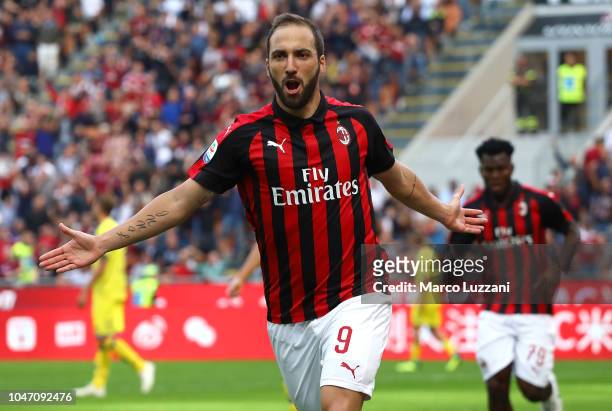 Gonzalo Higuain of AC Milan celebrates after scoring the opening goal during the Serie A match between AC Milan and Chievo Verona at Stadio Giuseppe...