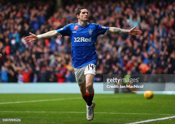 Ryan Kent of Rangers celebrates as he scores his team's first goal during the Scottish Ladbrokes Premiership match between Rangers and Hearts at...