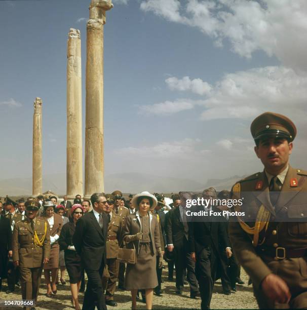 Muhammad Reza Shah Pahlavi of Iran and his wife Empress Farah Pahlavi on a visit to the ancient ruins at Persepolis in March 1961 .