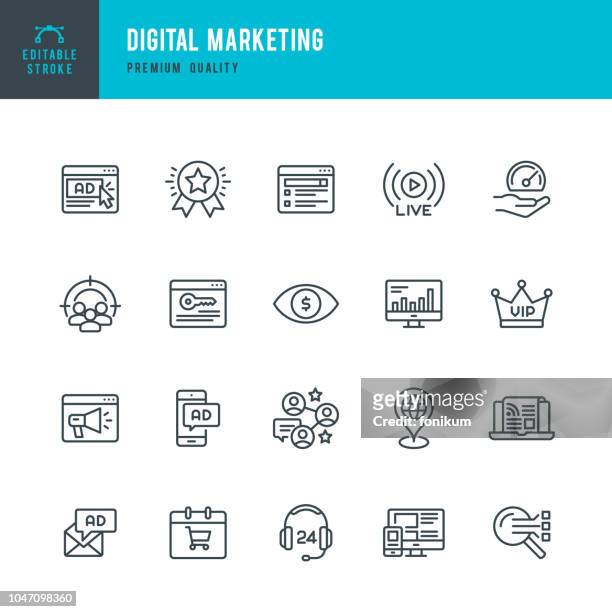 digitales marketing - dünne linie vektor-icons set - medium group of people stock-grafiken, -clipart, -cartoons und -symbole