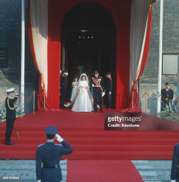 The wedding of Crown Prince Harald of Norway and Sonja Haraldsen at Oslo Cathedral on August 28, 1968.
