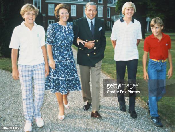 Prince Johan Friso, Queen Beatrix, Prince Claus, Prince Willem-Alexander and Prince Constantijn of the Netherlands royal family circa 1980.