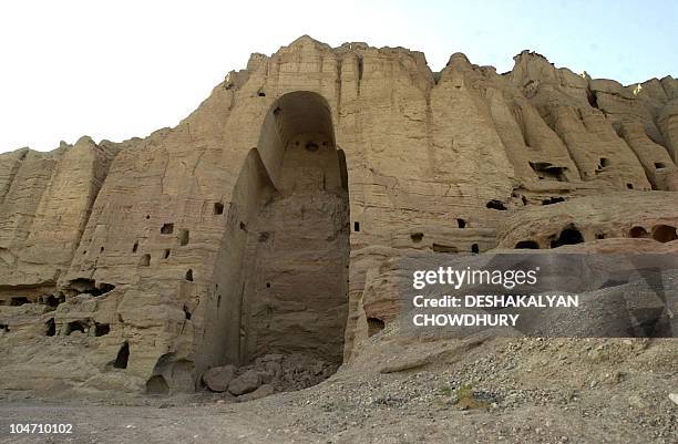 The view of shows the 53-meter high Buddha cave where the Bamiyan Buddha stood until last year when it was blown up by the ruling Taliban, at Bamyan...