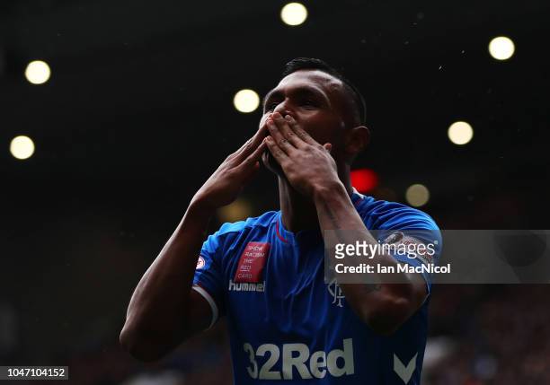 Alfredo Morelos of Rangers celebrates after scoring his team's second goal during the Scottish Ladbrokes Premiership match between Rangers and Hearts...