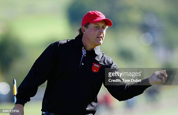 Phil Mickelson of the USA reacts in the singles matches during the 2010 Ryder Cup at the Celtic Manor Resort on October 4, 2010 in Newport, Wales.