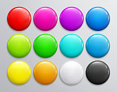 Big set of colorful glossy badge or button. 3d render. Round plastic pin, emblem, volunteer label. Vector.
