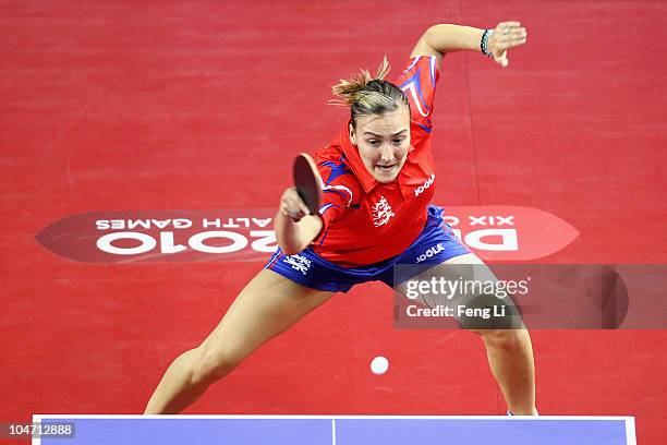 Kelly Sibley of England competes in the Women's Team preliminary at Yamuna Sports Complex during day one of the Delhi 2010 Commonwealth Games on...