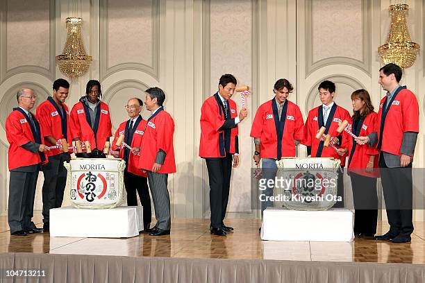 Jo-Wilfried Tsonga of France, Gael Monfils of France, former tennis player Shuzo Matsuoka , Rafael Nadal of Spain, Kei Nishikori of Japan and Ayumi...