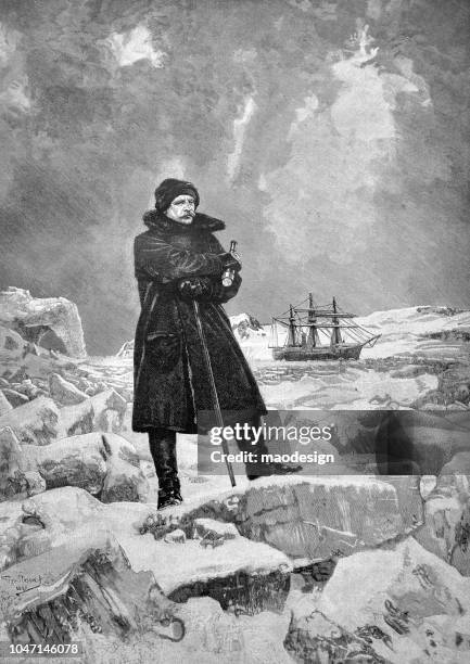 ilustraciones, imágenes clip art, dibujos animados e iconos de stock de expedición polar. retrato de un investigador permanente en el hielo de la antártida - 1888 - ártico