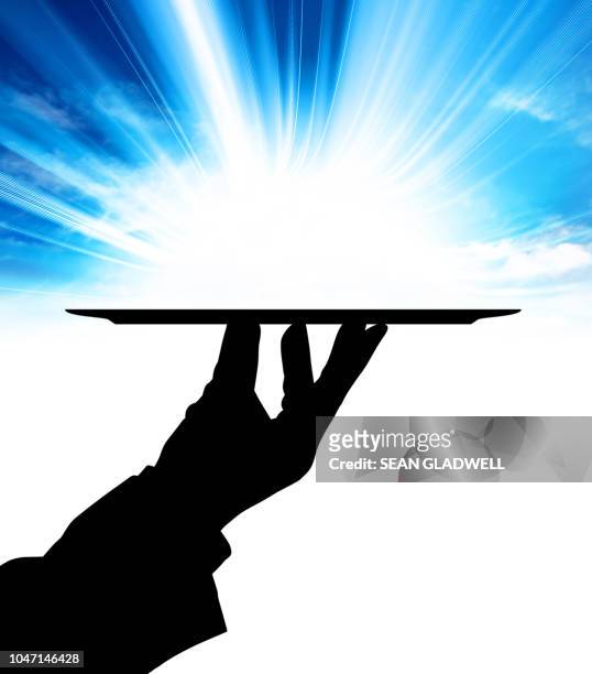 waiter holding dish with sky background - tray stock pictures, royalty-free photos & images