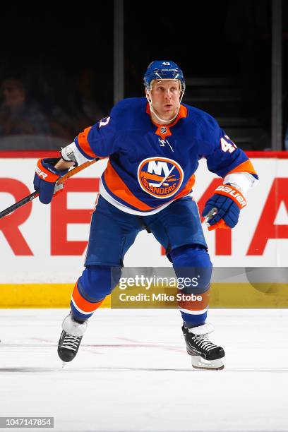 Leo Komarov of the New York Islanders skates against the Nashville Predators at Barclays Center on October 6, 2018 the Brooklyn borough of New York...