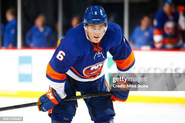 Ryan Pulock of the New York Islanders skates against the Nashville Predators at Barclays Center on October 6, 2018 the Brooklyn borough of New York...