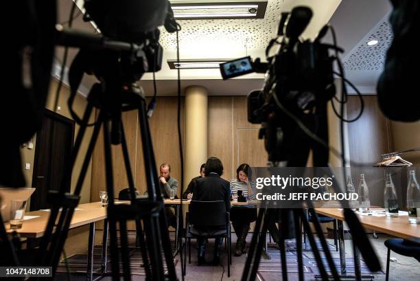 Grace, the wife of the missing Interpol president Meng Hongwey, talks to journalists on October 7, 2018 in Lyon during a press conference during...