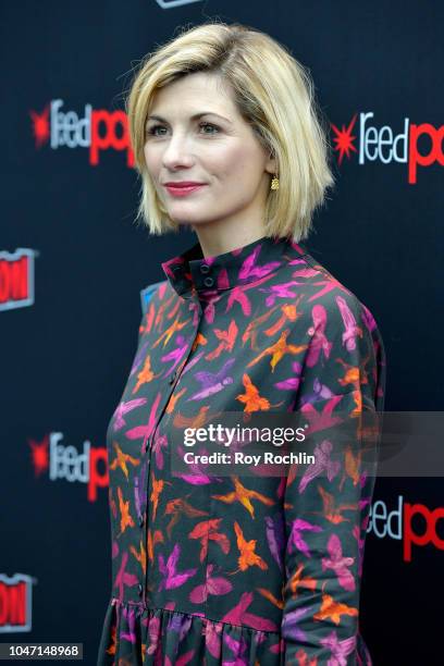 Jodie Whittaker attends the Dr. Who Press Room during 2018 New York Comic Con - Day 4 at on October 7, 2018 in New York City.