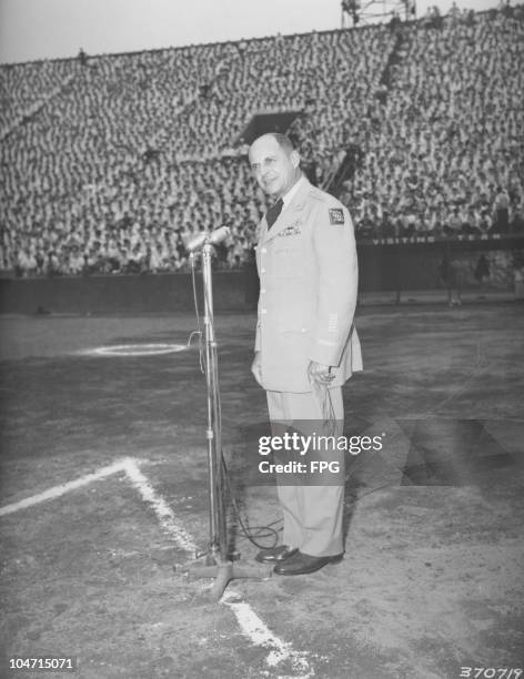 General Matthew B. Ridgway , Supreme Command of the Allied Powers, addressing the thousands of Japanese attending the baseball game between Waveda...