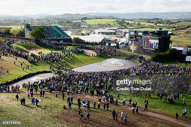 General view of the 18th green after the singles matches during the 2010 Ryder Cup at the Celtic Manor Resort on October 4, 2010 in Newport, Wales.