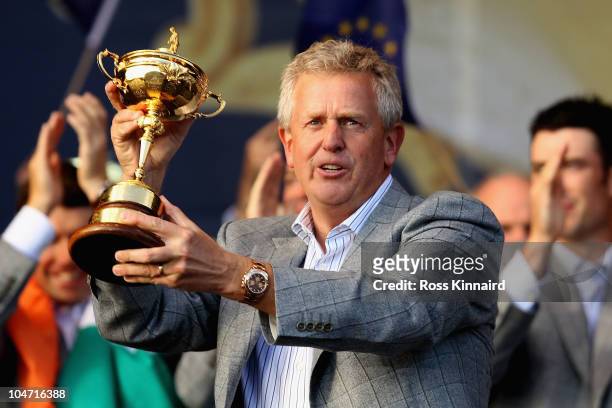 Colin Montgomerie of Europe poses with the Ryder Cup at the closing cermonies following Europe's 14.5 to 13.5 victory over the USA at the 2010 Ryder...