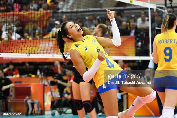 Ana Carolina Da Silva of Brazil celebrates a point during the Pool E match between Germany and Brazil on day one of the FIVB Women's World...