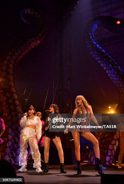 Charli XCX, Camila Cabello, and Taylor Swift perform onstage during the Taylor Swift reputation Stadium Tour at AT&T Stadium on October 6, 2018 in...