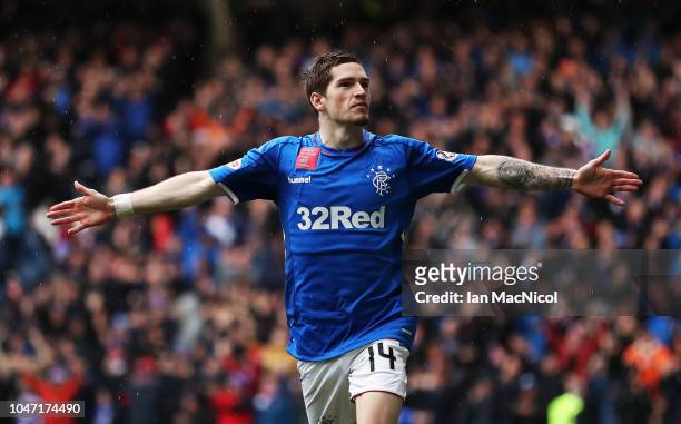 Ryan Kent of Rangers celebrates after he scores the opening goal during the Scottish Ladbrokes Premiership match between Rangers and Hearts at Ibrox...