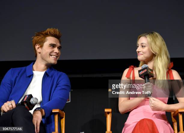 Apa and Lili Reinhart speak onstage at the Riverdale Sneak Peek and Q&A during New York Comic Con at The Hulu Theater at Madison Square Garden on...
