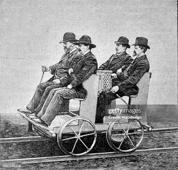 ilustraciones, imágenes clip art, dibujos animados e iconos de stock de coche con el nuevo motor de daimler - 1888 - mechanical drawing car