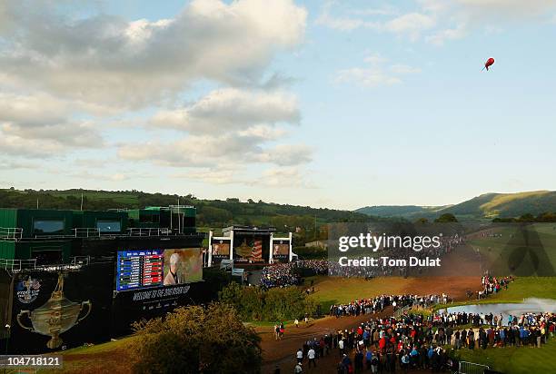 General view of crowds during the Closing Ceremony of the 2010 Ryder Cup at the Celtic Manor Resort on October 4, 2010 in Newport, Wales.