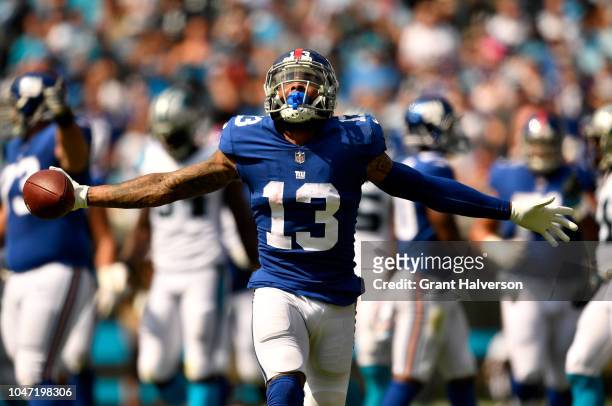 Odell Beckham Jr. #13 of the New York Giants reacts against the Carolina Panthers in the second quarter during their game at Bank of America Stadium...