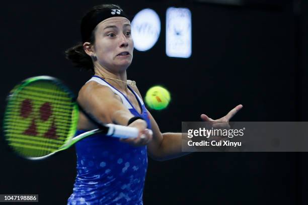 Anastasija Sevastova of Latvia hits a return against Caroline Wozniacki of Denmark during her Women's Singles Finals match in the 2018 China Open at...