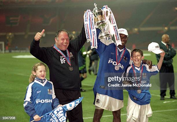 Barry Fry of Peterborough and Andy Clarke celebrate after the Division 3 Play-off Final against Darlington at Wembley, London. Peterborough won 1-0....