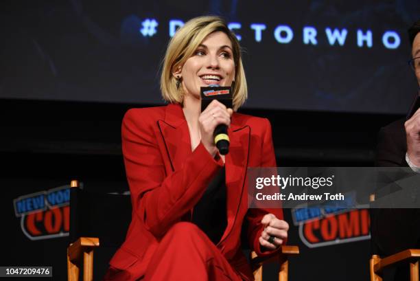 Jodie Whittaker speaks onstage at the DOCTOR WHO panel during New York Comic Con in The Hulu Theater at Madison Square Garden on October 7, 2018 in...