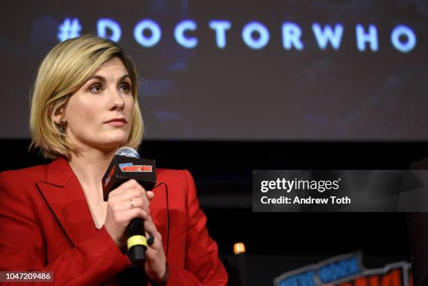 Jodie Whittaker speaks onstage at the DOCTOR WHO panel during New York Comic Con in The Hulu Theater at Madison Square Garden on October 7, 2018 in...