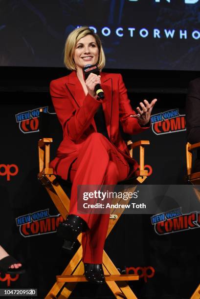 Jodie Whittaker speaks onstage at the DOCTOR WHO panel during New York Comic Con in The Hulu Theater at Madison Square Garden on October 7, 2018 in...
