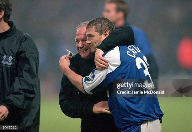 Barry Fry and Steve Castle of Peterborough celebrate after the Division 3 Play-off Final against Darlington at Wembley, London. Peterborough won 1-0....