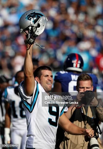 Graham Gano of the Carolina Panthers reacts after making a 63 yard field goal to win the game against the New York Giants at Bank of America Stadium...