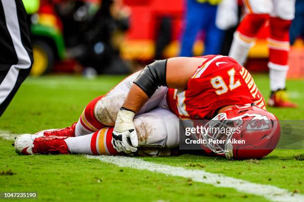 Laurent Duvernay-Tardif of the Kansas City Chiefs is injured on a play during the fourth quarter of the game against the Jacksonville Jaguars at...