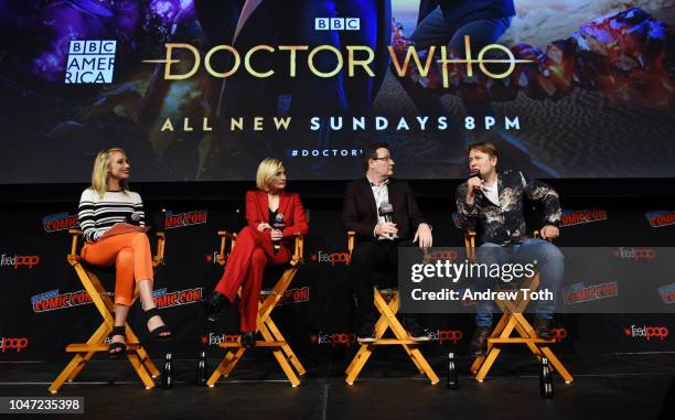 Maude Garrett, Jodie Whittaker, Chris Chibnall, and Matt Strevens speak onstage at the DOCTOR WHO panel during New York Comic Con in The Hulu Theater...