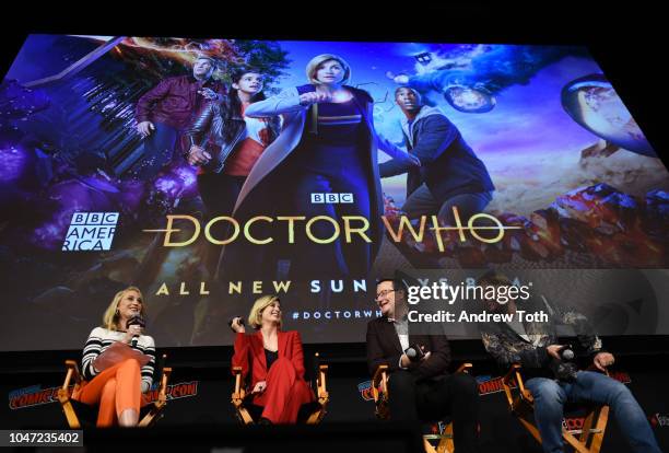 Maude Garrett, Jodie Whittaker, Chris Chibnall, and Matt Strevens speak onstage at the DOCTOR WHO panel during New York Comic Con in The Hulu Theater...