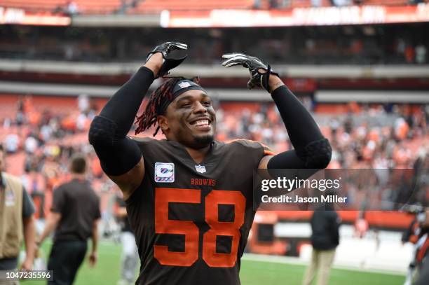 Christian Kirksey of the Cleveland Browns celebrates defeating the Baltimore Ravens at FirstEnergy Stadium on October 7, 2018 in Cleveland, Ohio. The...