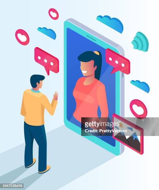 Two people character communicate talking by website smartphone. Online computer phone pc networking date meeting call concept. Vector flat cartoon isolated illustration