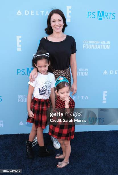 Actress Marla Sokoloff and her daughters Elliotte Anne Puro and Olive Mae Puro attend P.S. Arts Express Yourself 2018 at Barker Hangar on October 7,...