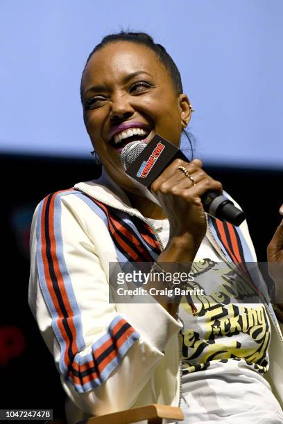 Aisha Tyler speaks onstage at the Archer: 1999  Sneak Preview and Q&A during New York Comic Con at Hammerstein Ballroom on October 7, 2018 in New...