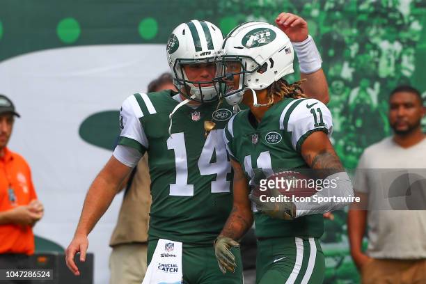New York Jets quarterback Sam Darnold and teammate New York Jets wide receiver Robby Anderson after a touchdown during the National Football League...